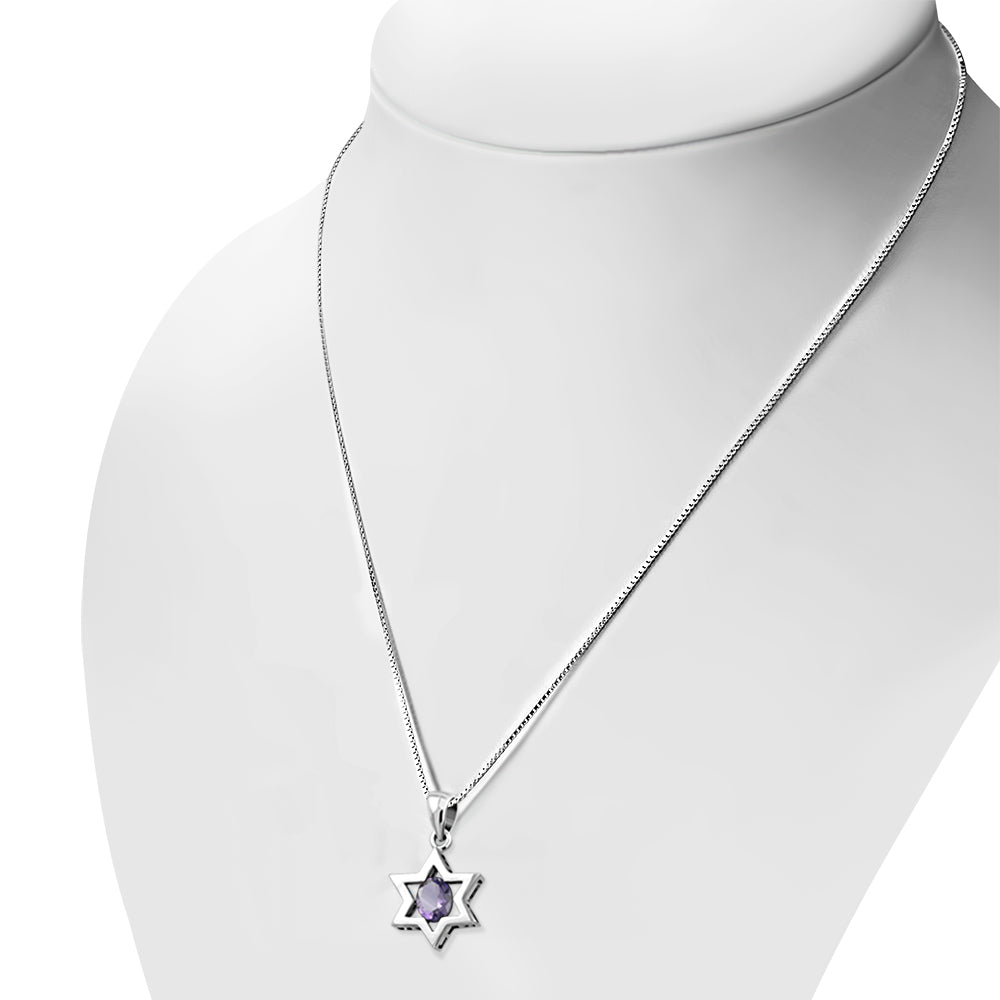 Star of David Silver Pendant set w/ Amethyst Stone
