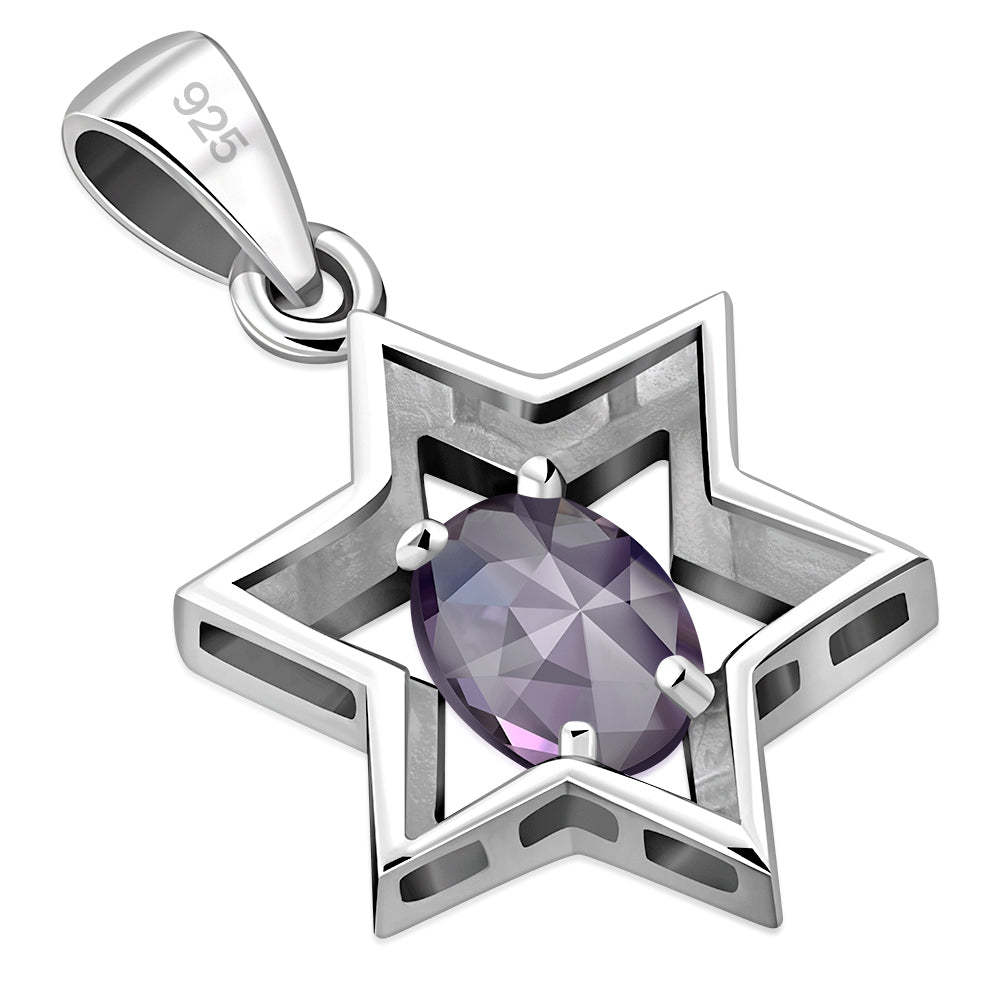 Star of David Silver Pendant set w/ Amethyst Stone