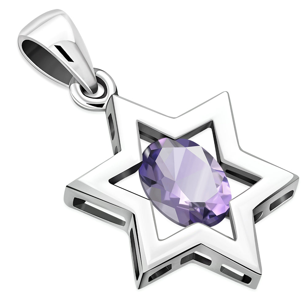 Star of David Silver Pendant set w/ Amethyst Stone