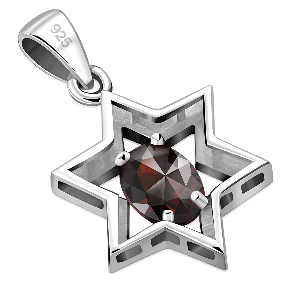 Garnet CZ Star of David Silver Pendant