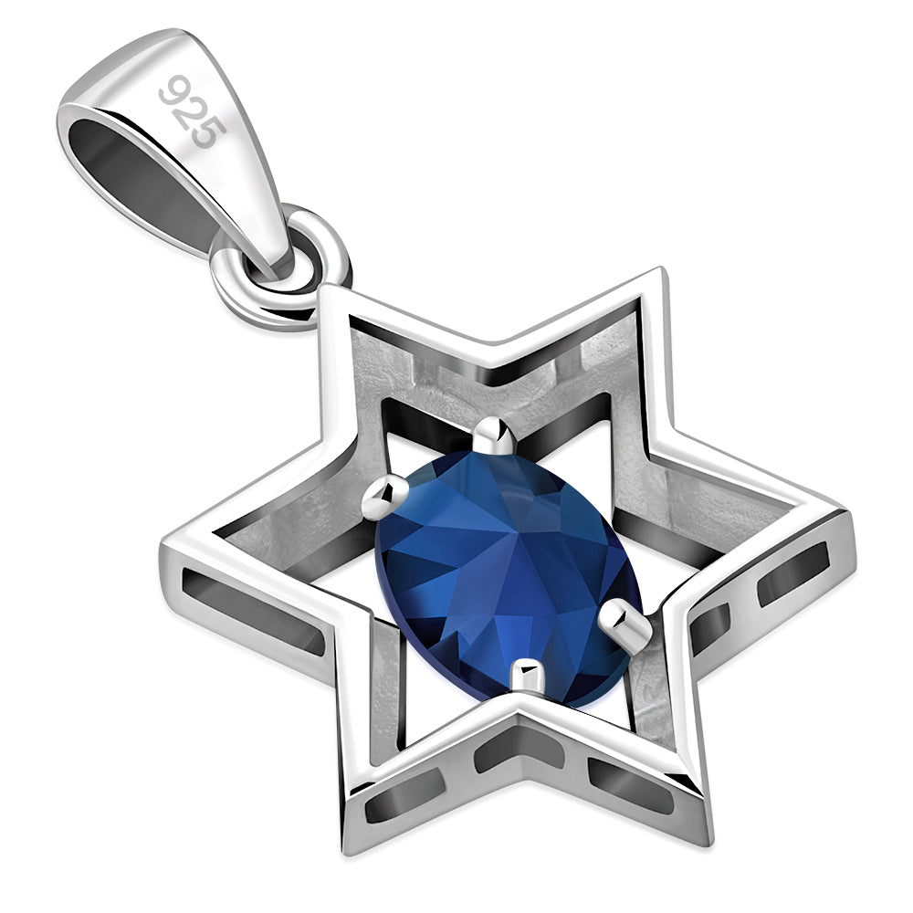 Blue Sapphire CZ Star of David Silver Pendant