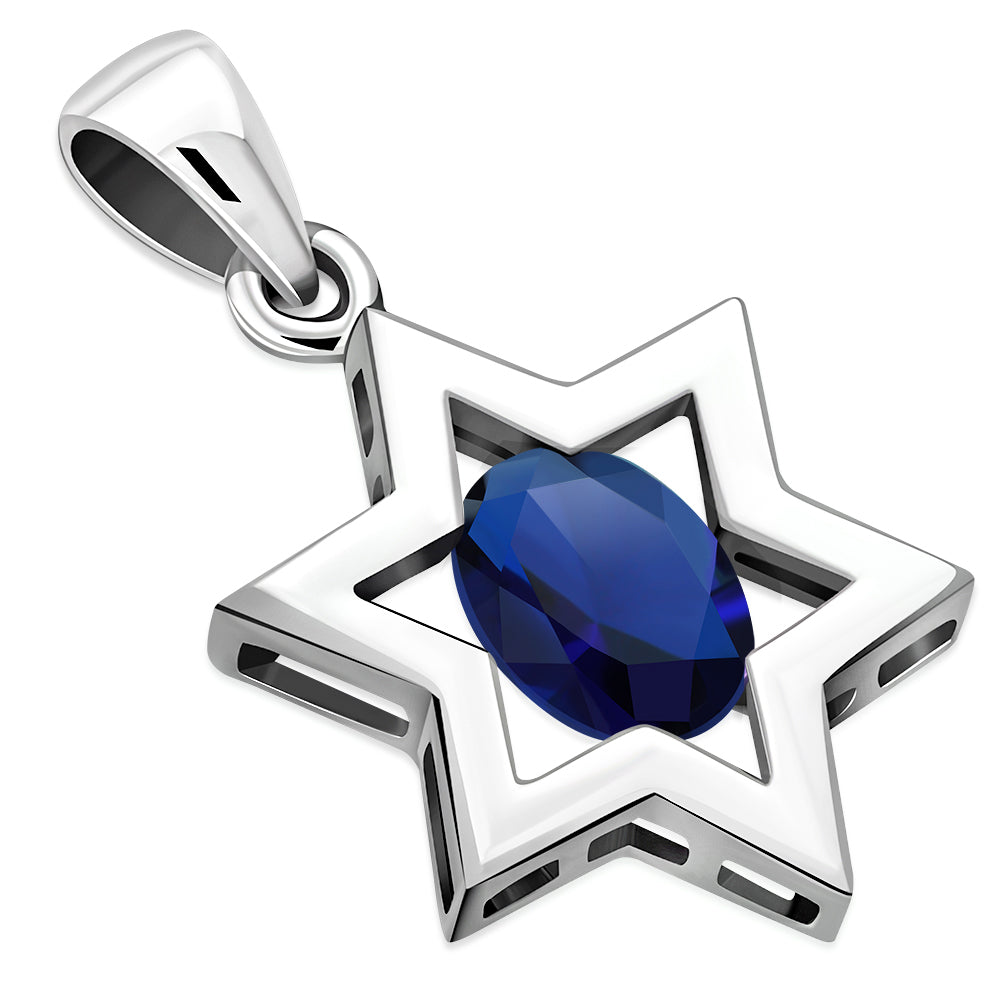 Blue Sapphire CZ Star of David Silver Pendant