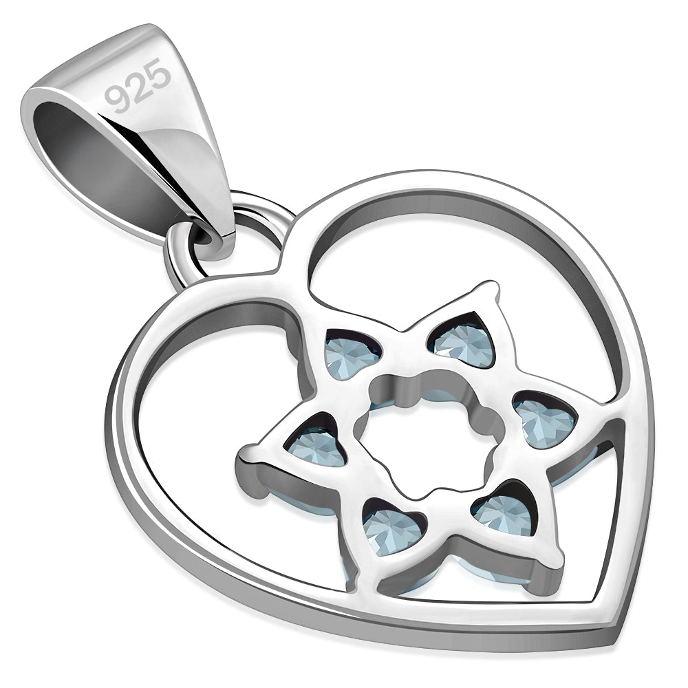 Blue Topaz CZ Heart Star of David Silver Pendant