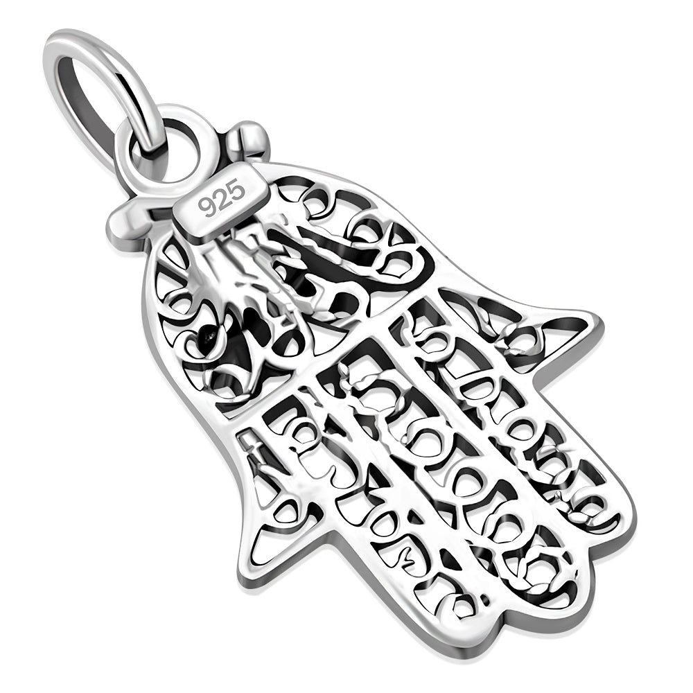 Synthetic Blue Opal filigree Hamsa Silver Pendant