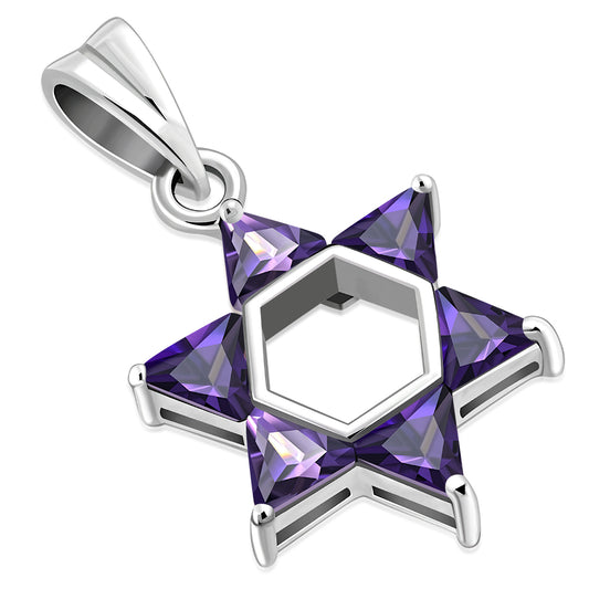 Medium Star David Silver Pendant set w/ Purple CZ