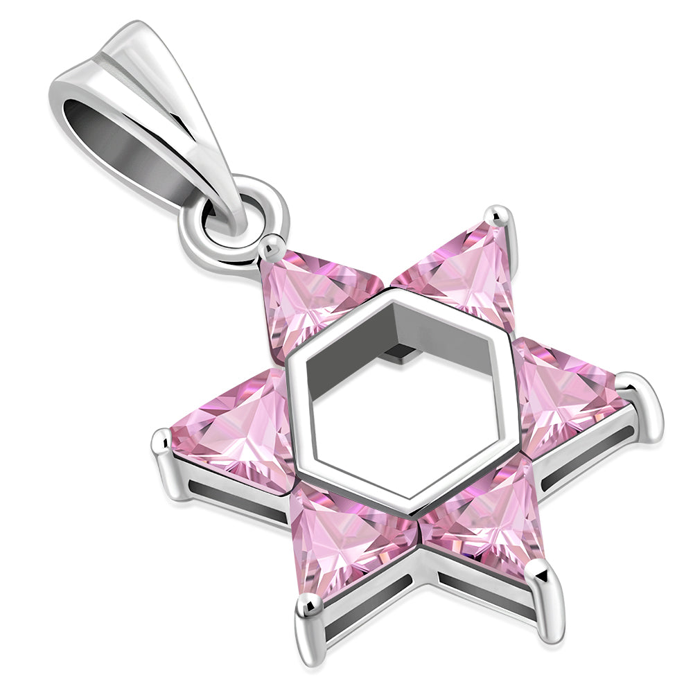 Pink CZ Medium Star David Silver Pendant