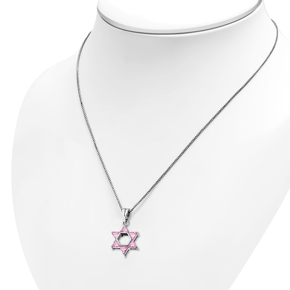 Pink CZ Medium Star David Silver Pendant
