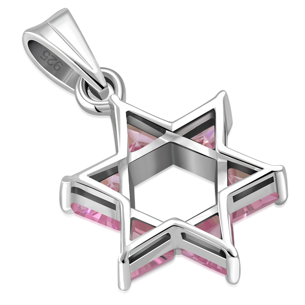Pink CZ Medium Star David Silver Pendant