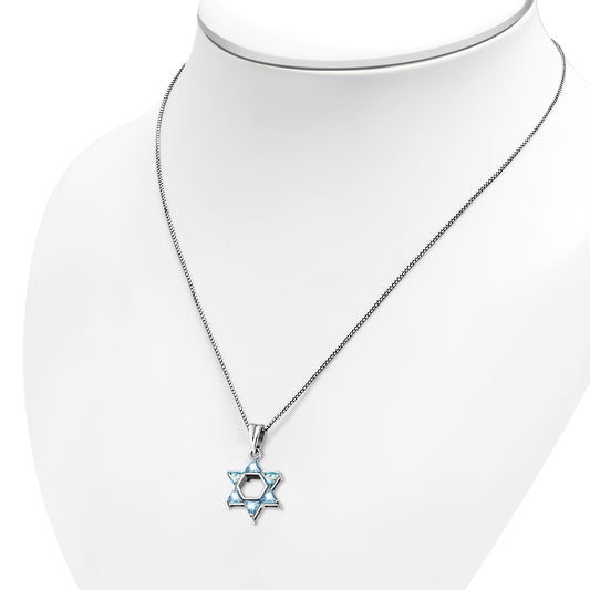 Topaz Blue CZ Medium Star David Silver Pendant