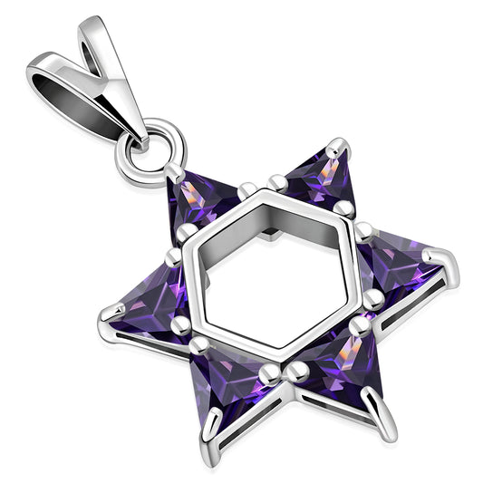 Large Star David Silver Pendant Amethyst CZ