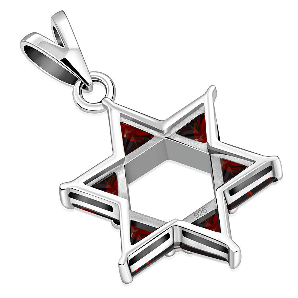 Large Star David Silver Pendant Garnet CZ
