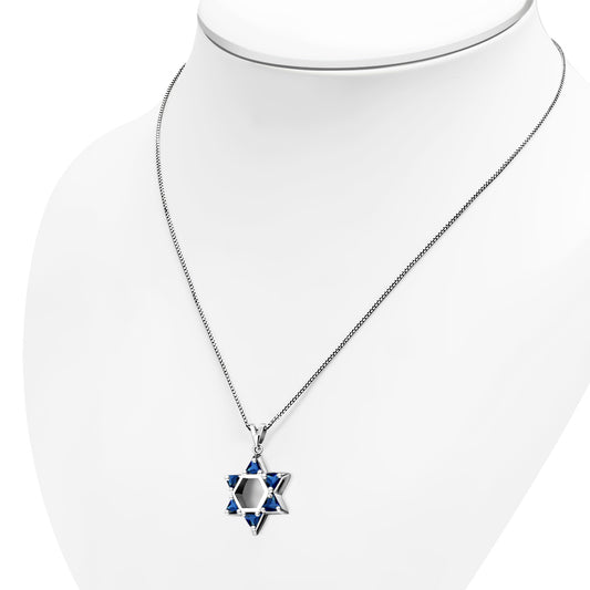 Blue Sapphire CZ Large Star David Silver Pendant