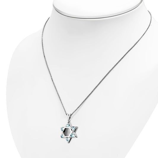Blue Topaz CZ Large Star David Silver Pendant