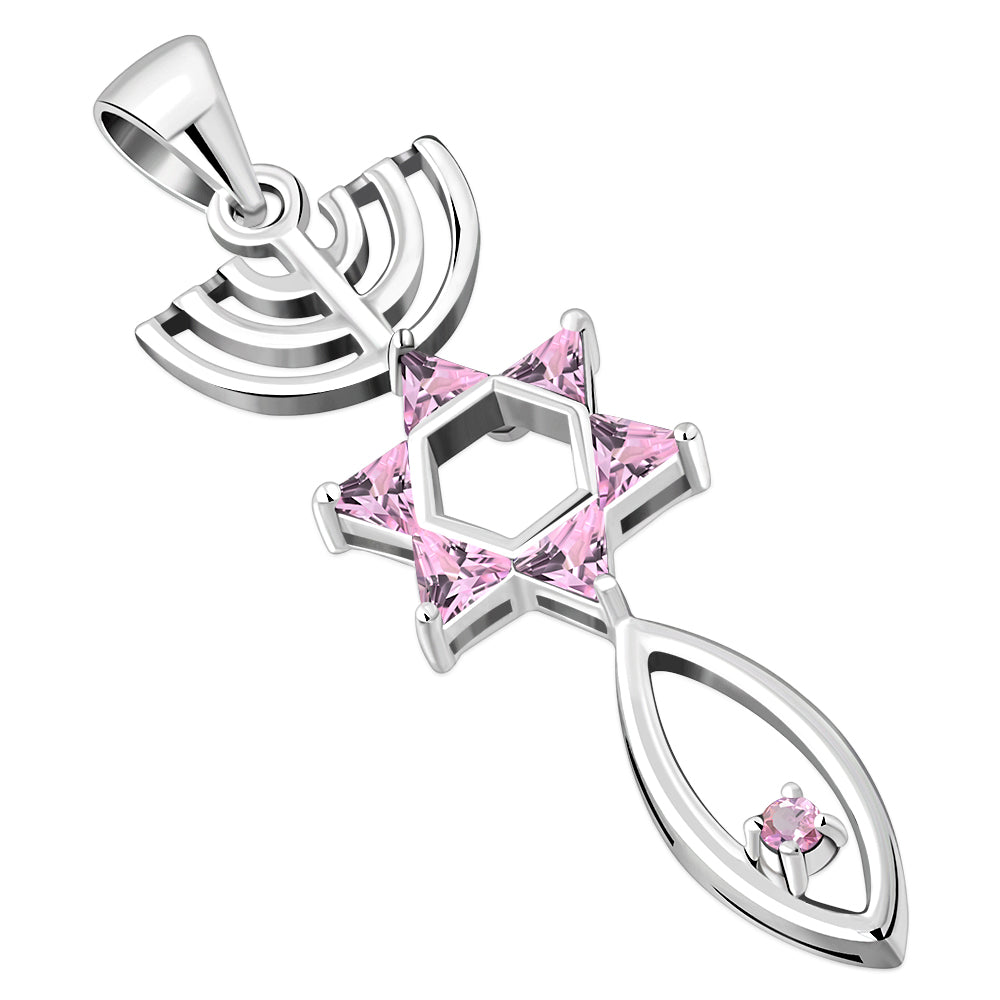 Pink CZ Messianic Seal of Jerusalem Silver Pendant