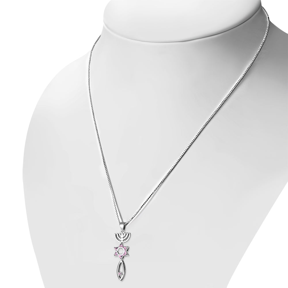Pink CZ Messianic Seal of Jerusalem Silver Pendant