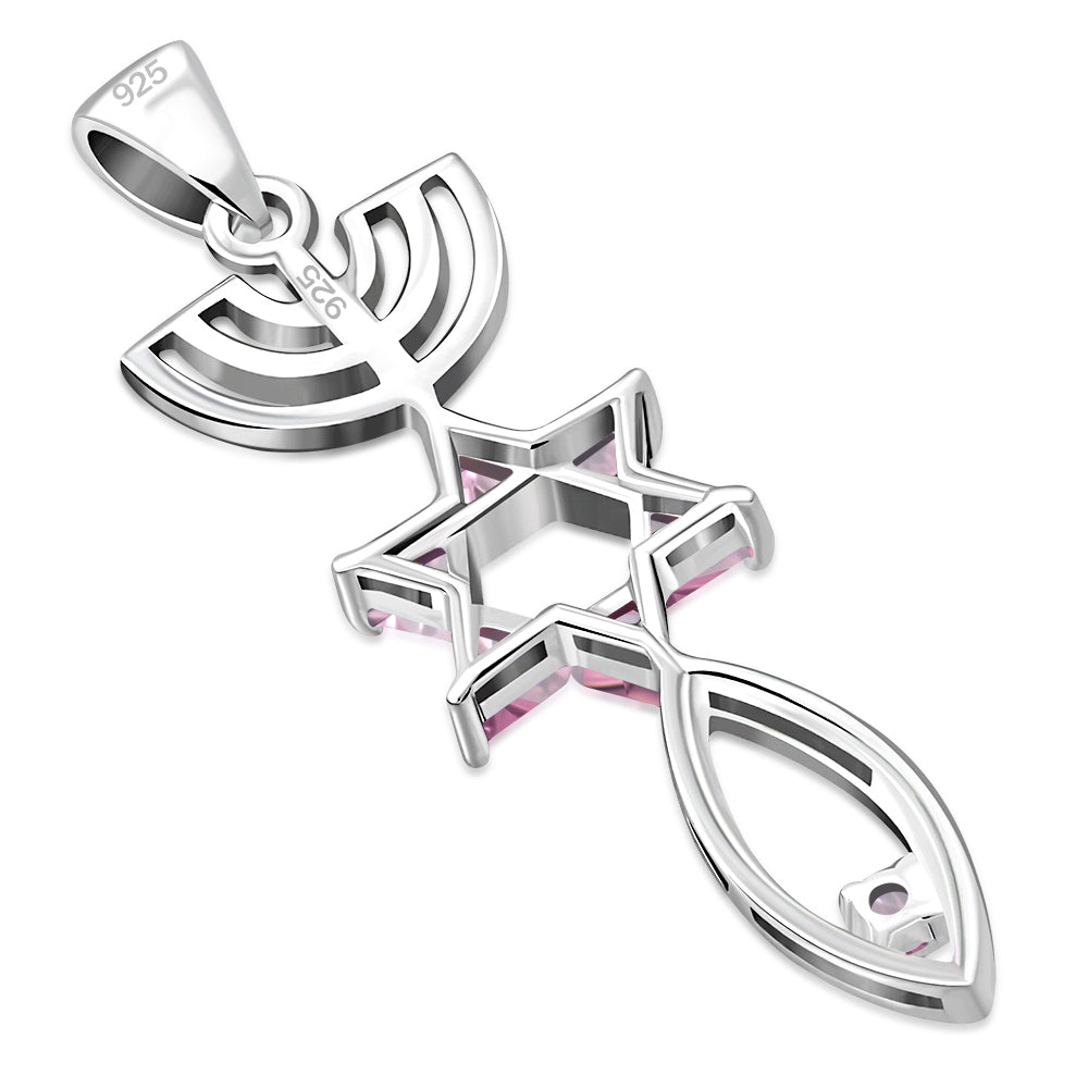 Pink CZ Messianic Seal of Jerusalem Silver Pendant