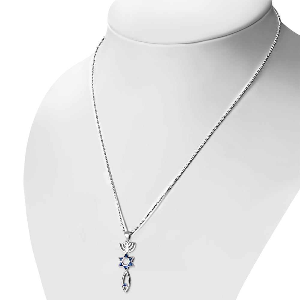 Blue Sapphire CZ Messianic Seal of Jerusalem Silver Pendant