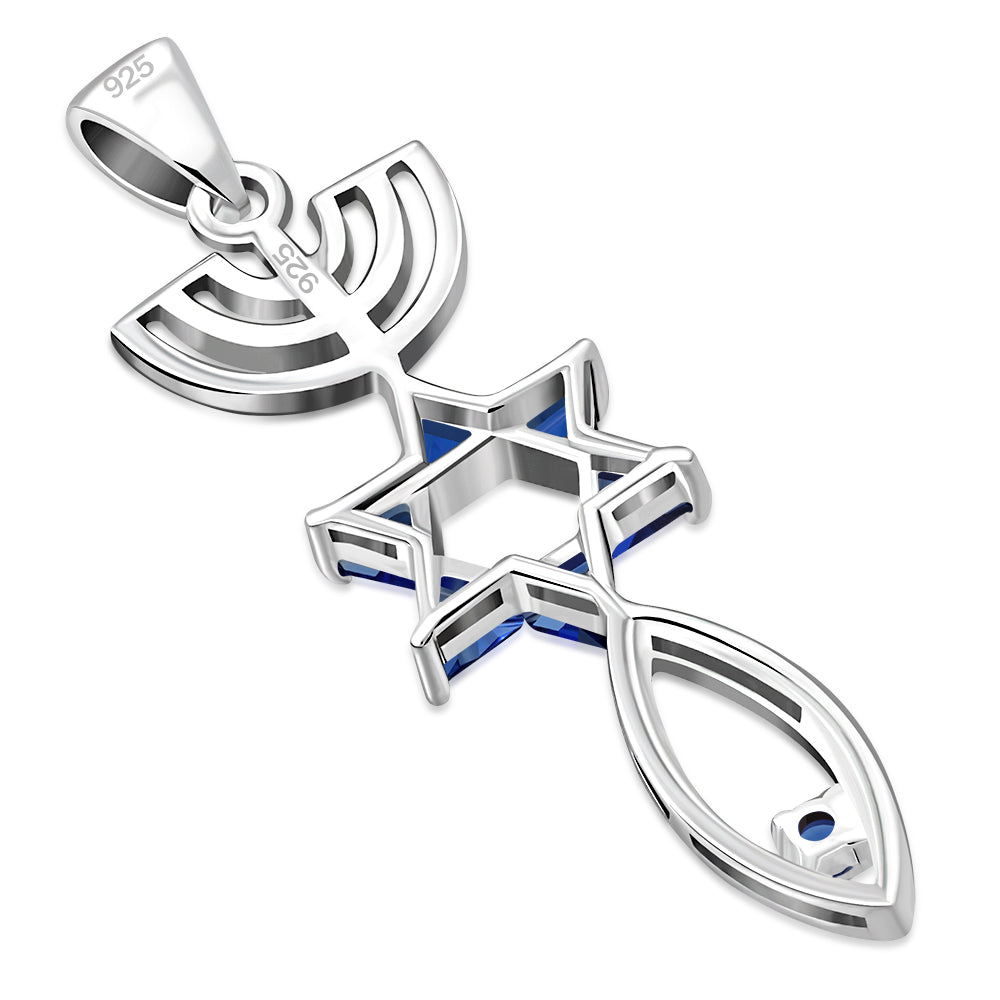Blue Sapphire CZ Messianic Seal of Jerusalem Silver Pendant