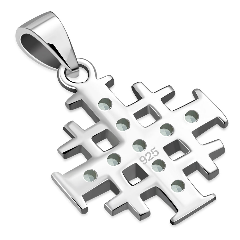 Jerusalem Cross Silver Pendant set w/ Blue Topaz Stone