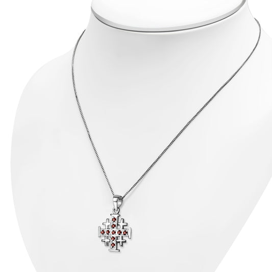 Small Garnet CZ Jerusalem Cross Silver Pendant