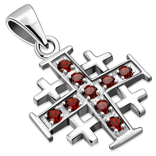 Small Garnet CZ Jerusalem Cross Silver Pendant
