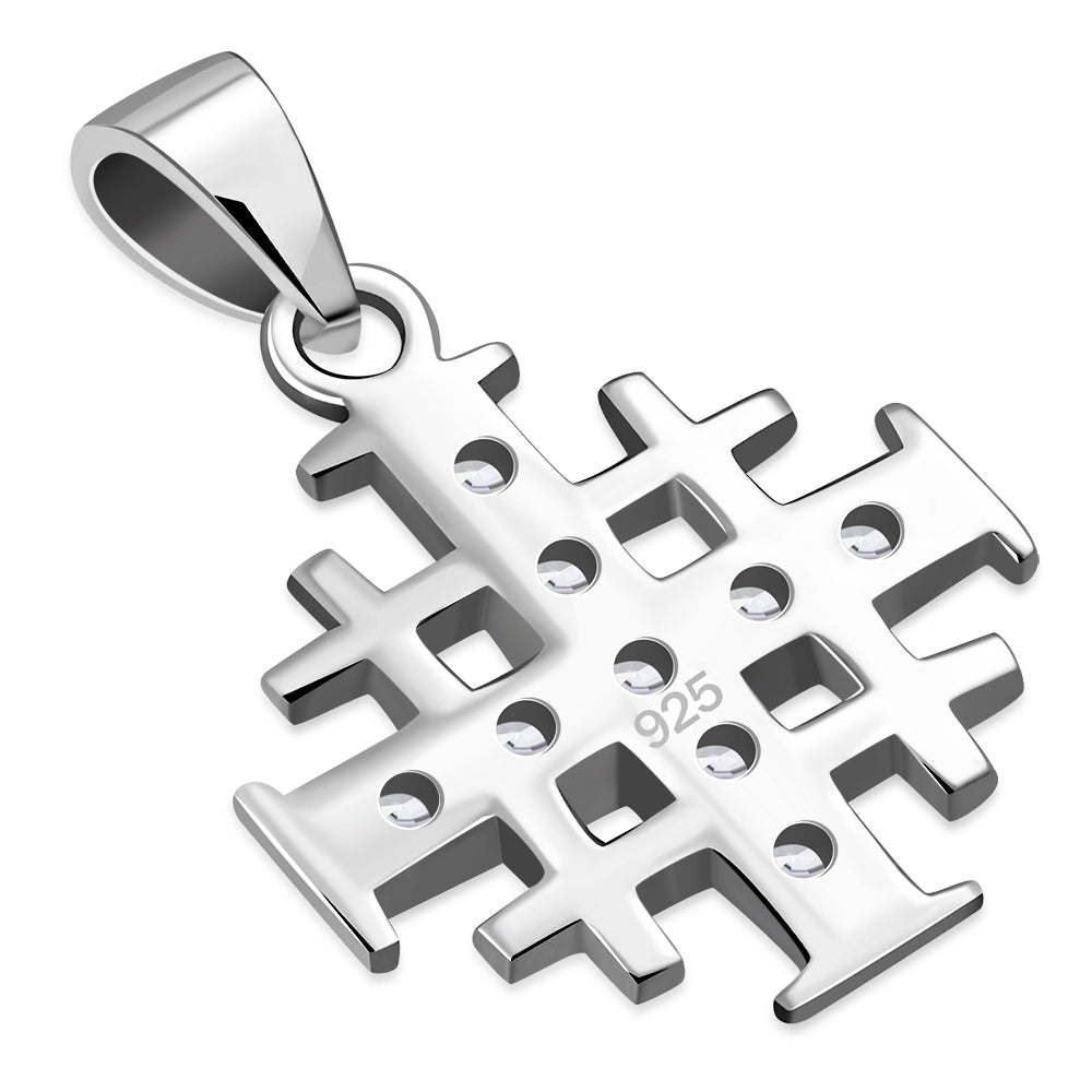 Small Clear CZ Jerusalem Cross Silver Pendant