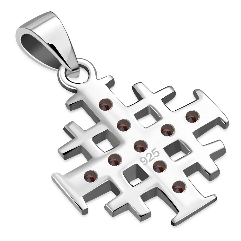 Jerusalem Cross Silver Pendant set w/ Garnet Stone