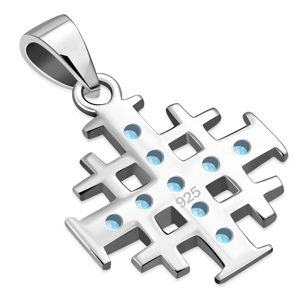 Blue Topaz CZ Jerusalem Cross Silver Pendant