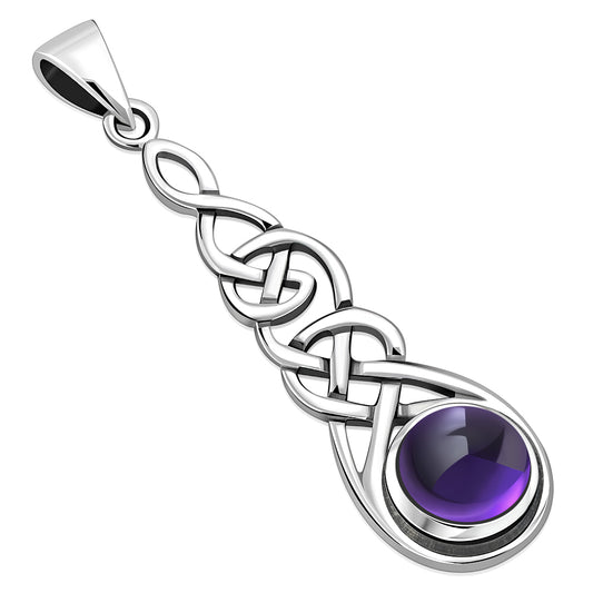 Long Celtic Silver Pendant set w/ Amethyst Stone