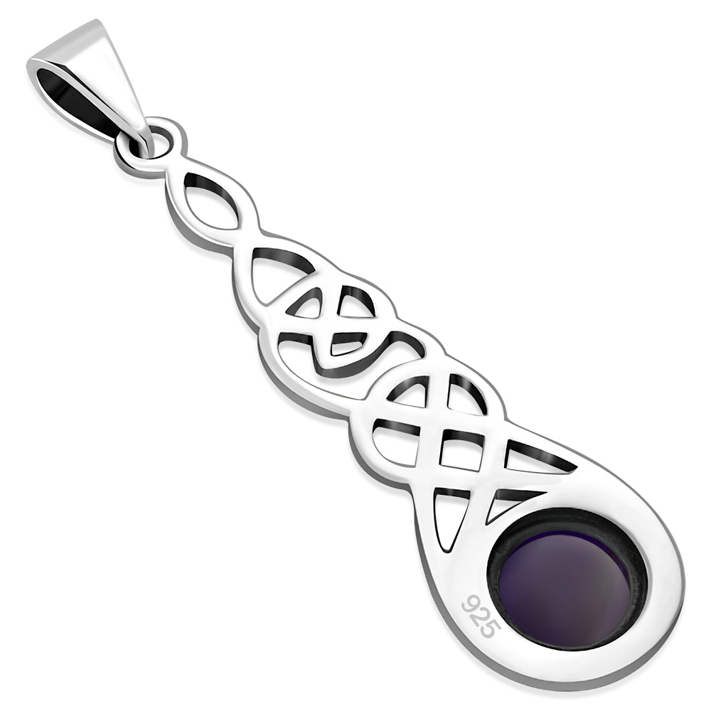 Long Celtic Silver Pendant set w/ Amethyst Stone