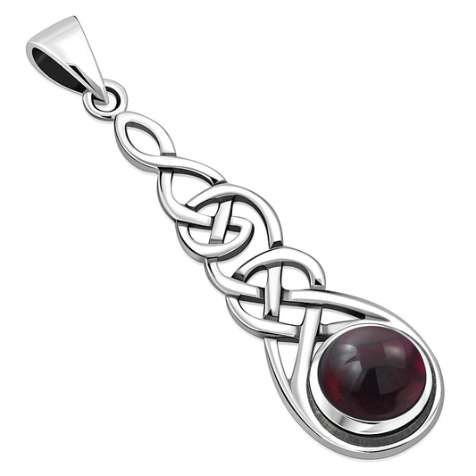 Long Celtic Silver Pendant set w/ Garnet