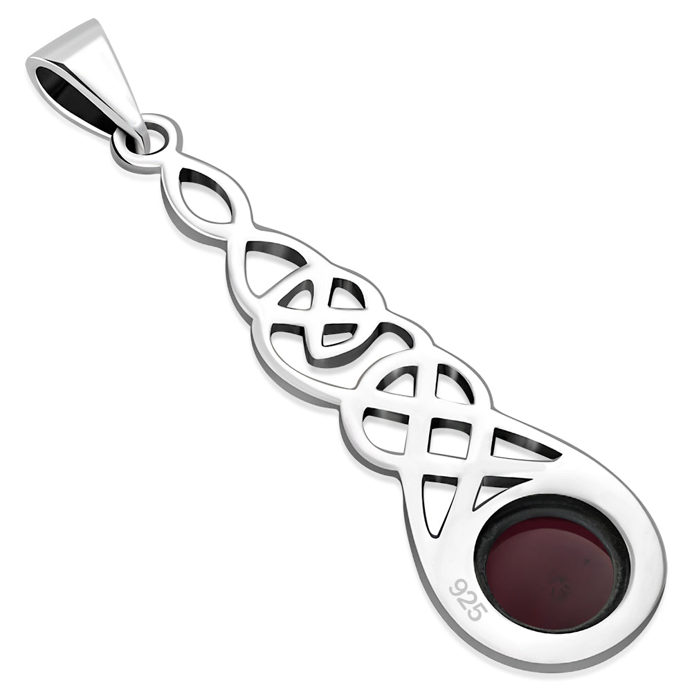 Long Celtic Silver Pendant set w/ Garnet