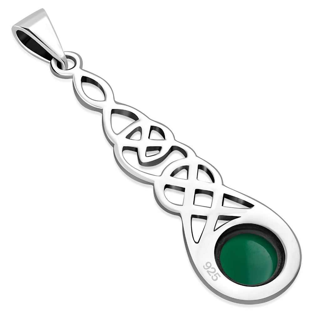 Long Celtic Silver Pendant set w/ Green Agate