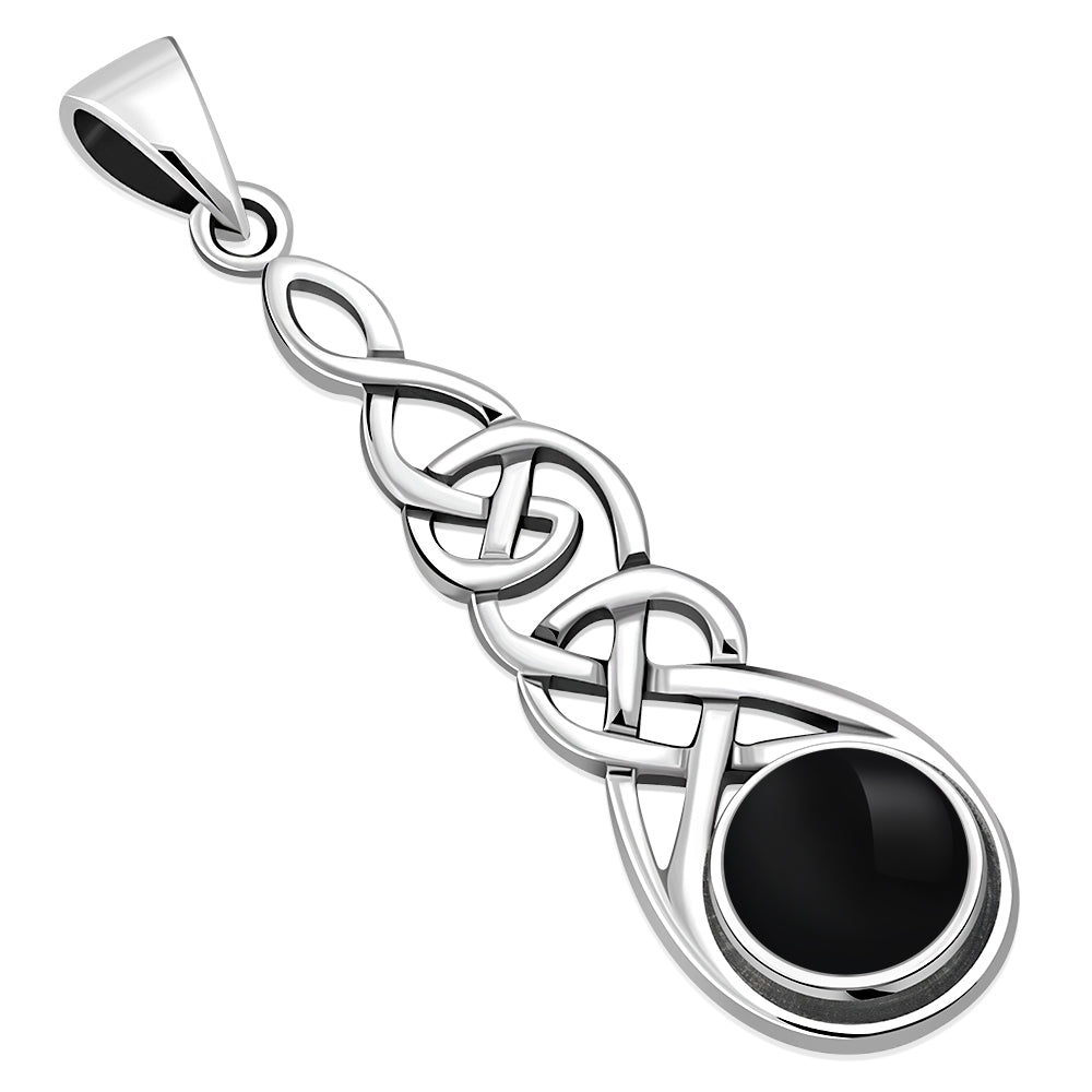 Long Celtic Silver Pendant set w/ Black Onyx