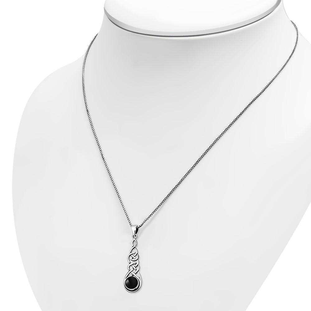 Long Celtic Silver Pendant set w/ Black Onyx