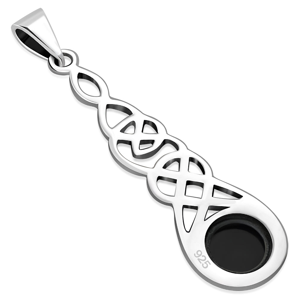 Long Celtic Silver Pendant set w/ Black Onyx