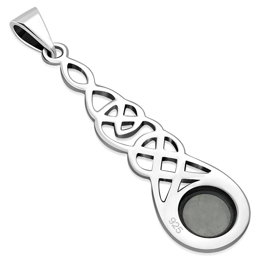 Long Celtic Silver Pendant set w/ Rainbow Moon Stone