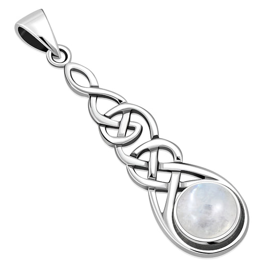 Long Celtic Silver Pendant set w/ Rainbow Moon Stone