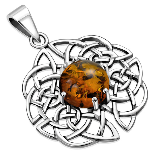 Round Celtic Knot Silver Pendant set w/ Amber