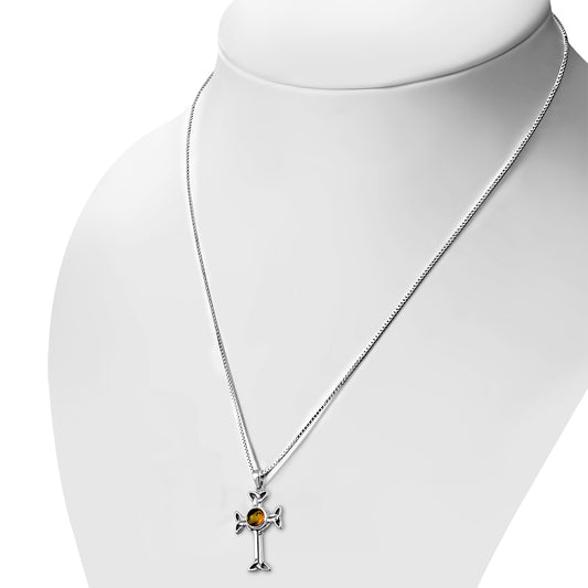 Baltic Amber Trinity Knot Cross Silver Pendant
