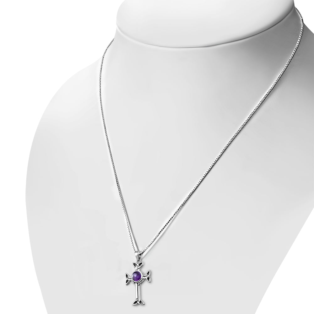 Celtic Trinity Knot Cross Silver Pendant set w/ Amethyst Stone