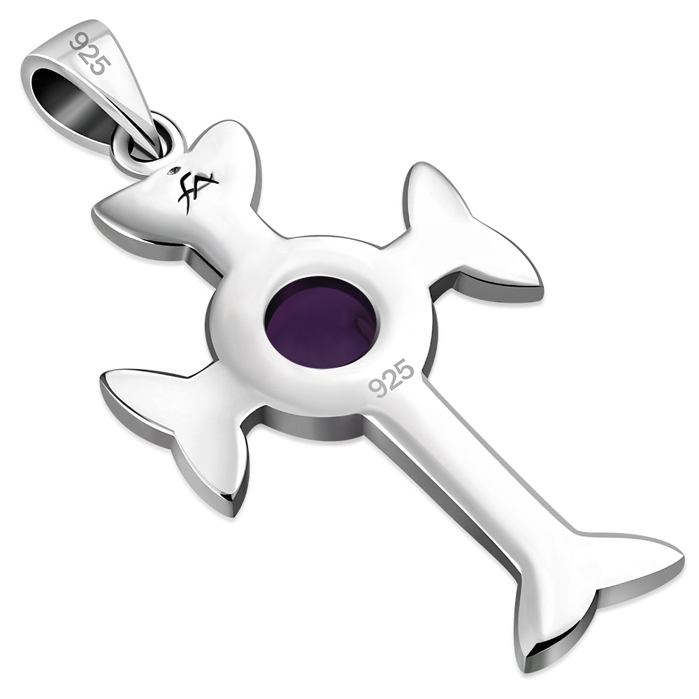 Celtic Trinity Knot Cross Silver Pendant set w/ Amethyst Stone