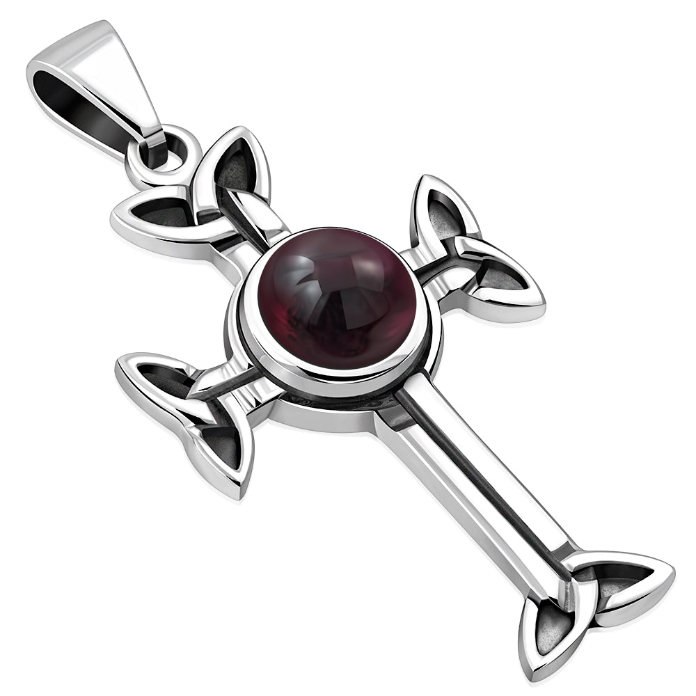 Garnet Stone Celtic Trinity Knot Cross Silver Pendant
