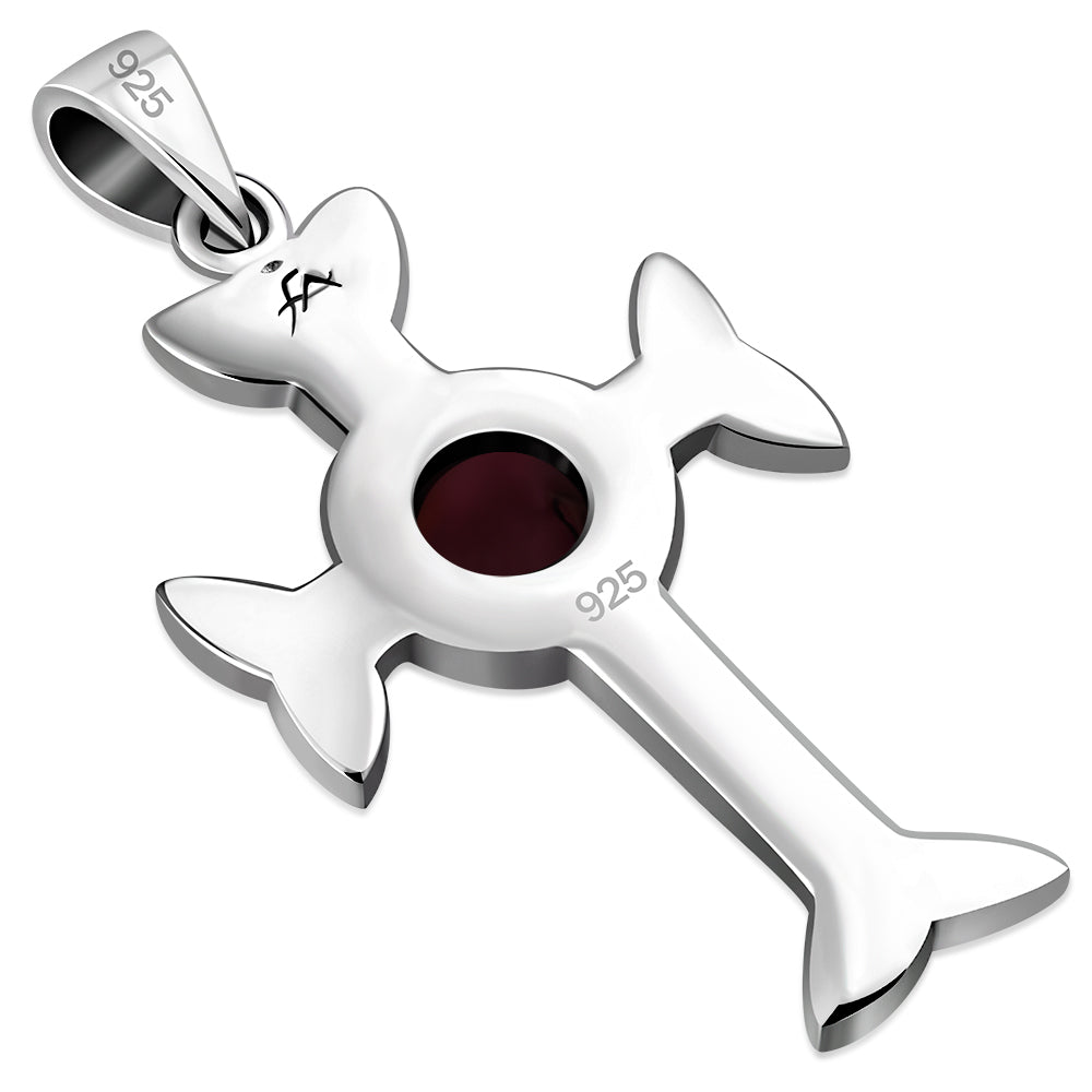 Garnet Stone Celtic Trinity Knot Cross Silver Pendant