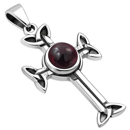 Garnet Stone Celtic Trinity Knot Cross Silver Pendant