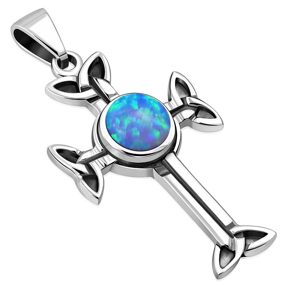 Synthetic Blue Opal Trinity Knot Cross Silver Pendant