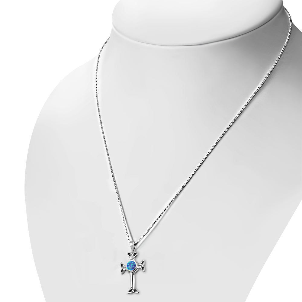 Synthetic Blue Opal Trinity Knot Cross Silver Pendant
