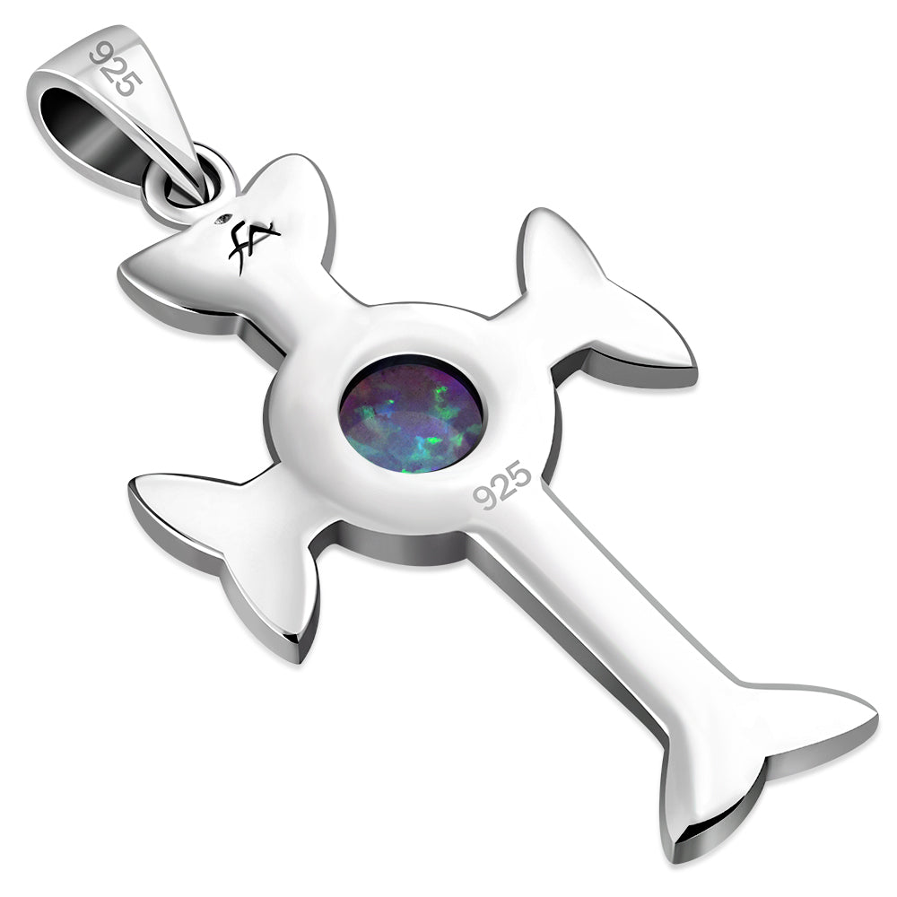 Synthetic Blue Opal Trinity Knot Cross Silver Pendant
