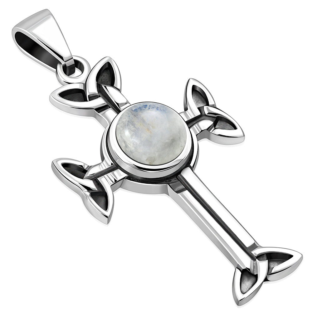 Rainbow Moonstone Trinity Knot Cross Silver Pendant