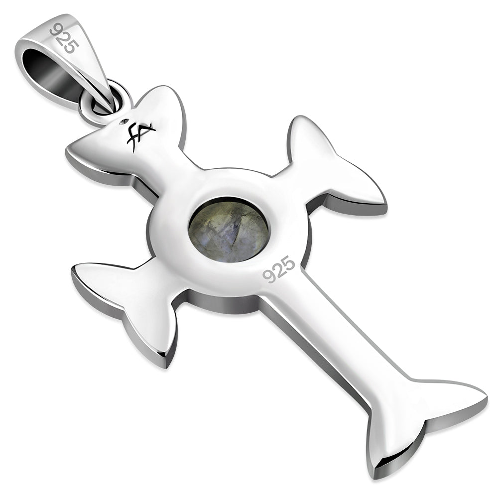 Rainbow Moonstone Trinity Knot Cross Silver Pendant